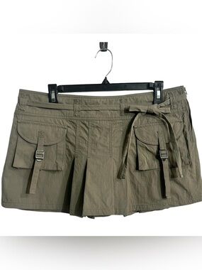 VTG Y2K Micro Mini Skirt L Khaki Olive Pleated Low Rise Cargo Utility Grunge